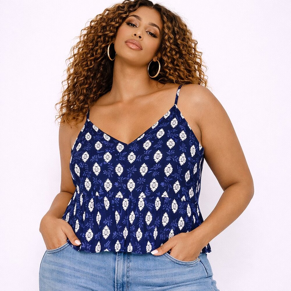 Hippie Rose Navy Blue & White Floral Strappy Cotton Tank Top Size Small